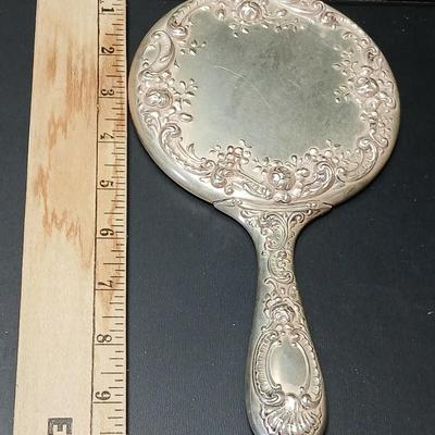 Antique, early 20th century Gorham STERLING SILVER 26 art Nouveau rose repoussé Hand Mirror