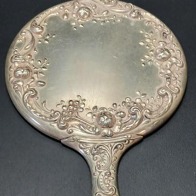 Antique, early 20th century Gorham STERLING SILVER 26 art Nouveau rose repoussé Hand Mirror