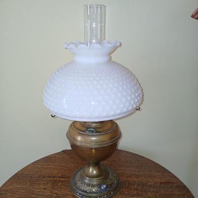 Antique nickel-plated Alladin style table lamp converted oil lamp with milk glass hobnail shade
