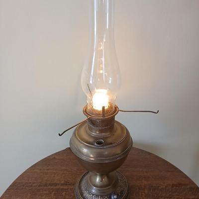 Antique nickel-plated Alladin style table lamp converted oil lamp with milk glass hobnail shade