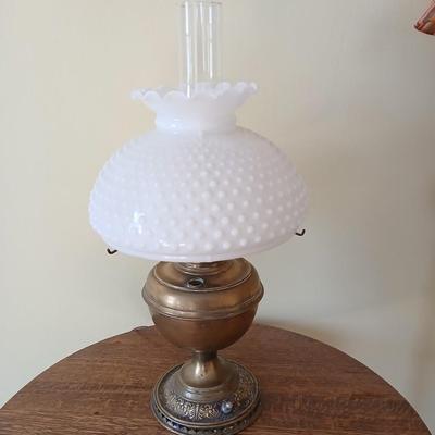 Antique nickel-plated Alladin style table lamp converted oil lamp with milk glass hobnail shade