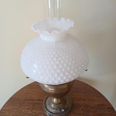 Antique nickel-plated Alladin style table lamp converted oil lamp with milk glass hobnail shade