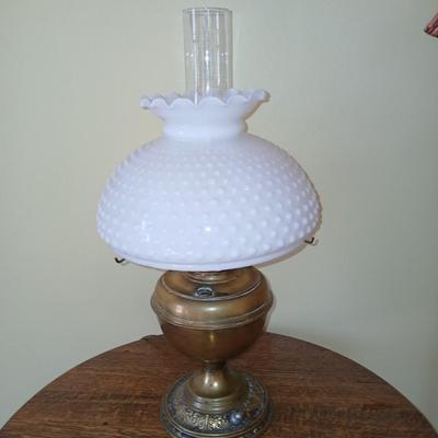Antique nickel-plated Alladin style table lamp converted oil lamp with milk glass hobnail shade
