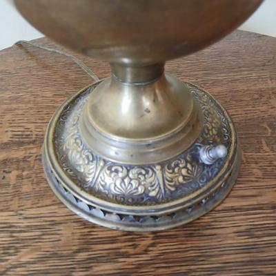 Antique nickel-plated Alladin style table lamp converted oil lamp with milk glass hobnail shade