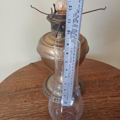 Antique nickel-plated Alladin style table lamp converted oil lamp with milk glass hobnail shade