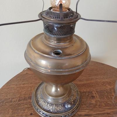 Antique nickel-plated Alladin style table lamp converted oil lamp with milk glass hobnail shade