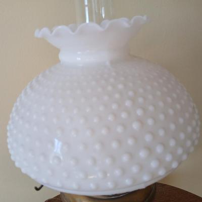 Antique nickel-plated Alladin style table lamp converted oil lamp with milk glass hobnail shade