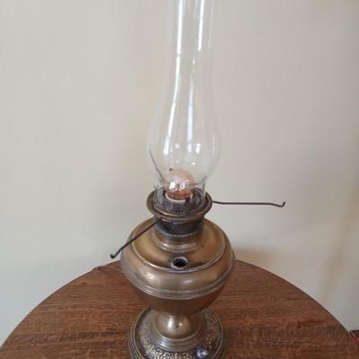 Antique nickel-plated Alladin style table lamp converted oil lamp with milk glass hobnail shade