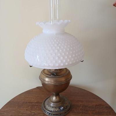 Antique nickel-plated Alladin style table lamp converted oil lamp with milk glass hobnail shade