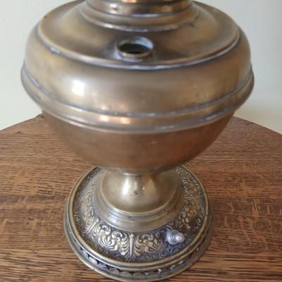 Antique nickel-plated Alladin style table lamp converted oil lamp with milk glass hobnail shade