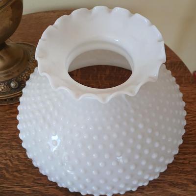 Antique nickel-plated Alladin style table lamp converted oil lamp with milk glass hobnail shade