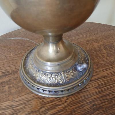 Antique nickel-plated Alladin style table lamp converted oil lamp with milk glass hobnail shade