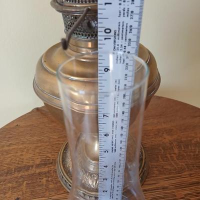 Antique nickel-plated Alladin style table lamp converted oil lamp with milk glass hobnail shade