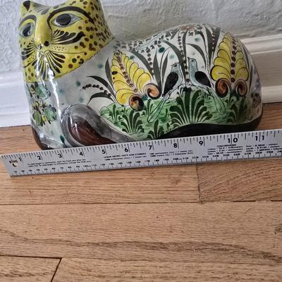 Large vintage hand painted Mexican Tonala Folk art pottery cat figure - Floral art
