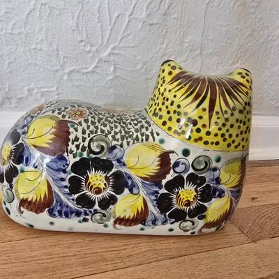Large vintage hand painted Mexican Tonala Folk art pottery cat figure - Floral art