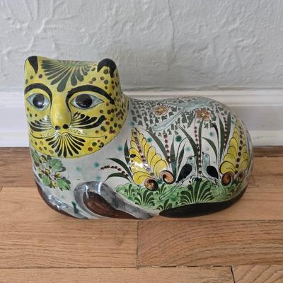 Large vintage hand painted Mexican Tonala Folk art pottery cat figure - Floral art