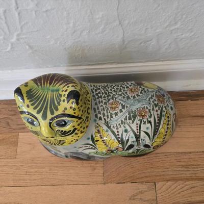 Large vintage hand painted Mexican Tonala Folk art pottery cat figure - Floral art