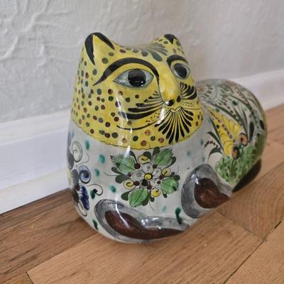 Large vintage hand painted Mexican Tonala Folk art pottery cat figure - Floral art