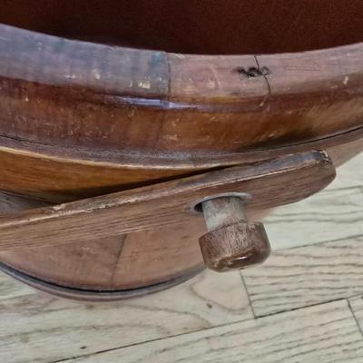 Antique Primitive Large Wooden Firkin with fabric topped Lid 12” wooden Pegged Swing Handle 3 Finger Bands