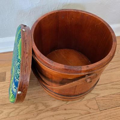 Antique Primitive Large Wooden Firkin with fabric topped Lid 12” wooden Pegged Swing Handle 3 Finger Bands