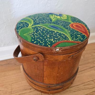 Antique Primitive Large Wooden Firkin with fabric topped Lid 12” wooden Pegged Swing Handle 3 Finger Bands