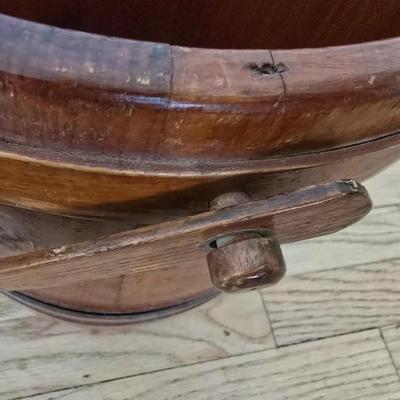 Antique Primitive Large Wooden Firkin with fabric topped Lid 12” wooden Pegged Swing Handle 3 Finger Bands