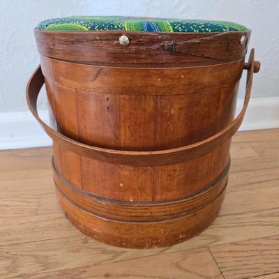 Antique Primitive Large Wooden Firkin with fabric topped Lid 12” wooden Pegged Swing Handle 3 Finger Bands