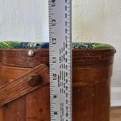 Antique Primitive Large Wooden Firkin with fabric topped Lid 12” wooden Pegged Swing Handle 3 Finger Bands