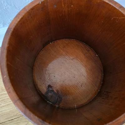 Antique Primitive Large Wooden Firkin with fabric topped Lid 12” wooden Pegged Swing Handle 3 Finger Bands