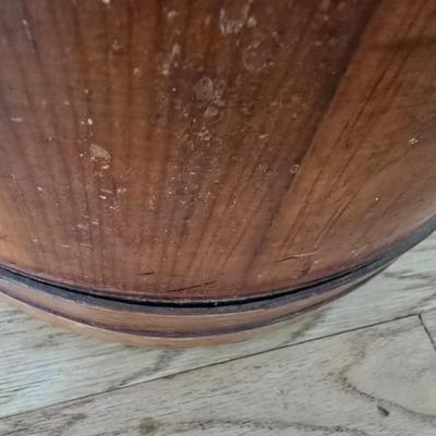 Antique Primitive Large Wooden Firkin with fabric topped Lid 12” wooden Pegged Swing Handle 3 Finger Bands
