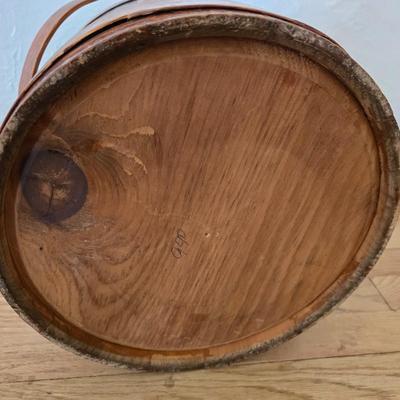 Antique Primitive Large Wooden Firkin with fabric topped Lid 12” wooden Pegged Swing Handle 3 Finger Bands