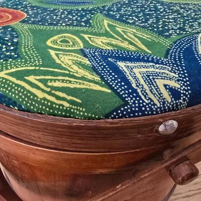 Antique Primitive Large Wooden Firkin with fabric topped Lid 12” wooden Pegged Swing Handle 3 Finger Bands