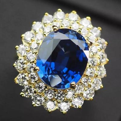 Classically Vivid Blue Sapphire 7.3Ct 925 Sterling Silver 24K Gold Vermeil Ring