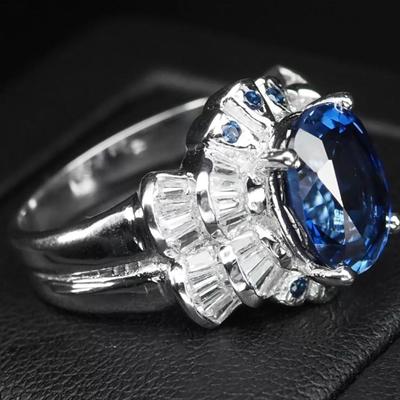 Elegant Royal Blue Sapphire 5.15Ct 925 Sterling Silver White Gold Plated Ring
