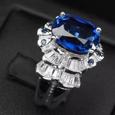 Elegant Royal Blue Sapphire 5.15Ct 925 Sterling Silver White Gold Plated Ring