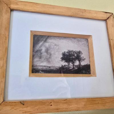 Two framed tree artwork wall hangings one signed by Local photographer Alex Burke