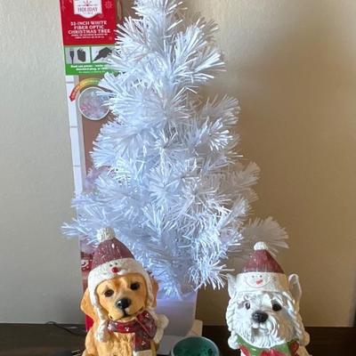 Fiber Optic White Tree, Golden Retriever & Westie
