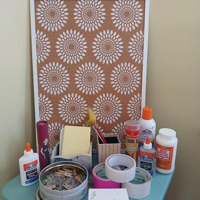 office supplies - Simplicity container - glues & tapes - bulletin board - tin of tacks - pottery letter holder and more