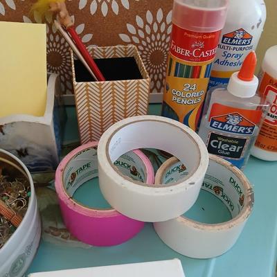 office supplies - Simplicity container - glues & tapes - bulletin board - tin of tacks - pottery letter holder and more