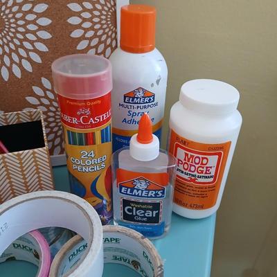 office supplies - Simplicity container - glues & tapes - bulletin board - tin of tacks - pottery letter holder and more