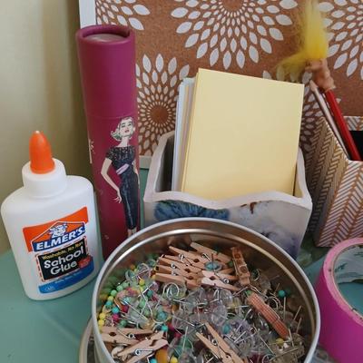 office supplies - Simplicity container - glues & tapes - bulletin board - tin of tacks - pottery letter holder and more