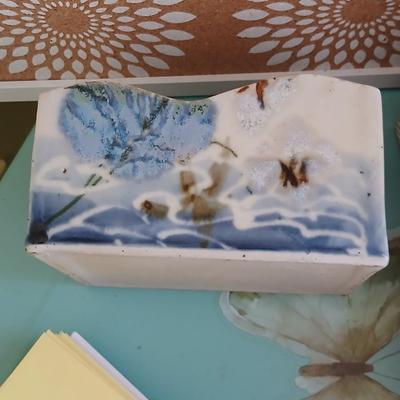 office supplies - Simplicity container - glues & tapes - bulletin board - tin of tacks - pottery letter holder and more