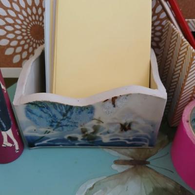 office supplies - Simplicity container - glues & tapes - bulletin board - tin of tacks - pottery letter holder and more
