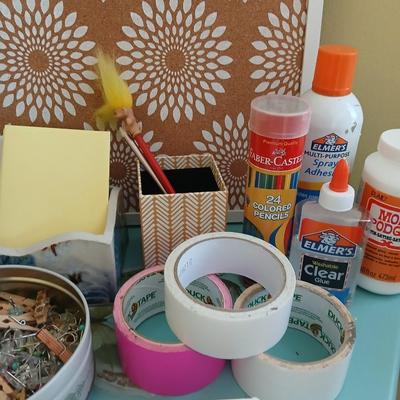 office supplies - Simplicity container - glues & tapes - bulletin board - tin of tacks - pottery letter holder and more