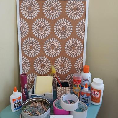 office supplies - Simplicity container - glues & tapes - bulletin board - tin of tacks - pottery letter holder and more