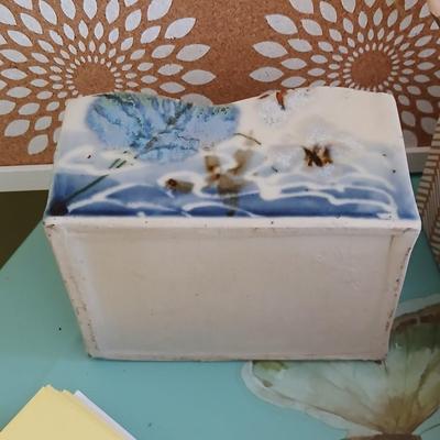 office supplies - Simplicity container - glues & tapes - bulletin board - tin of tacks - pottery letter holder and more