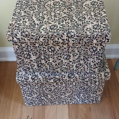 Two matching nesting fabric covered storage boxes with handles