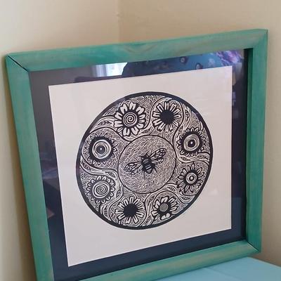 Framed Wall art original signed & numbered "Bee Mandala Nicola Barsaleau... 5/150 with faux book / storage box of batteries