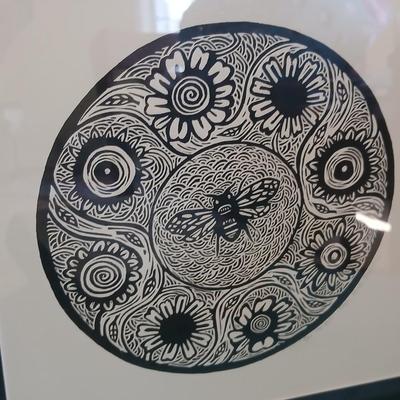 Framed Wall art original signed & numbered "Bee Mandala Nicola Barsaleau... 5/150 with faux book / storage box of batteries