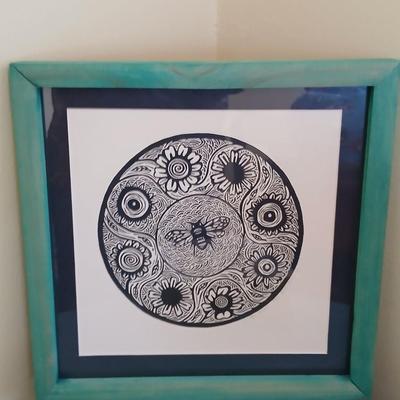 Framed Wall art original signed & numbered "Bee Mandala Nicola Barsaleau... 5/150 with faux book / storage box of batteries